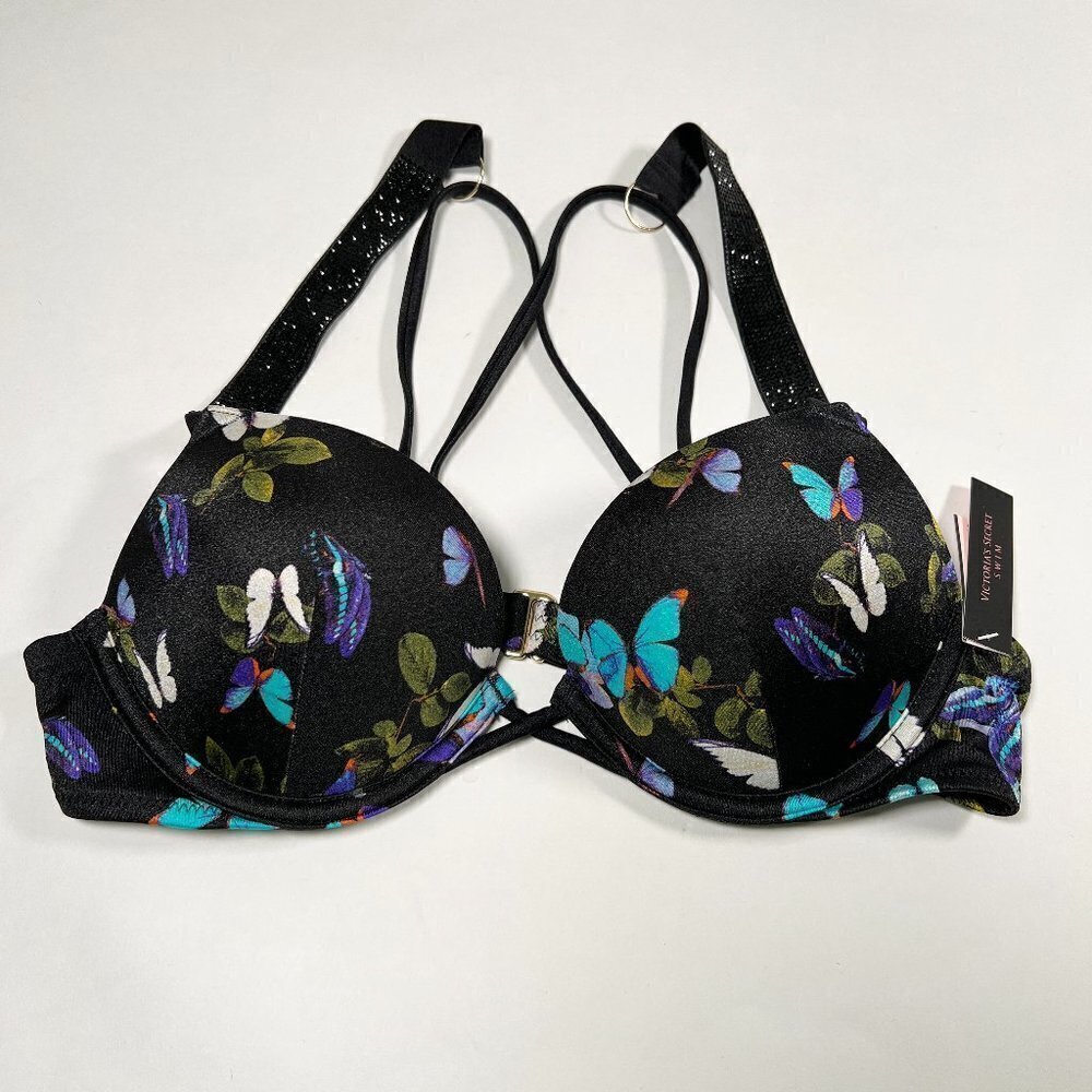 Victoria Secret 36A Bombshell Push Up Bikini Top Butterfly Print Shine Strap